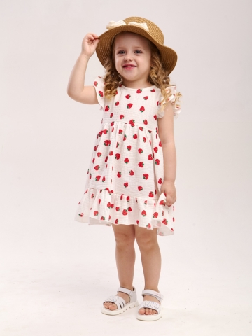 Купить оптом 342-КЛ. Платье детское из муслина, хлопок 100%, клубника, р. 98,104,110,116 в Красноярске